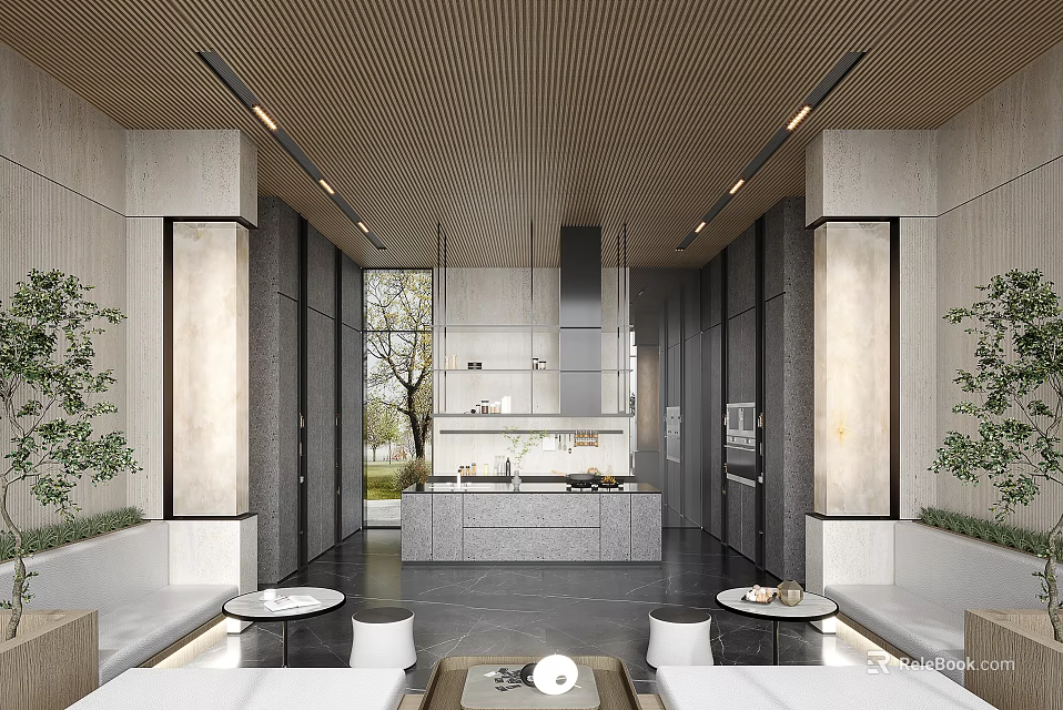 Modern Interior Design With Wooden Ceiling Gray Walls Open Layout Sofas And Plants 3d model 