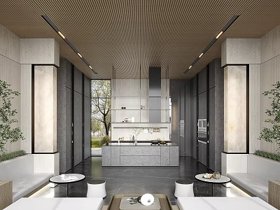 Modern Interior Design With Wooden Ceiling Gray Walls Open Layout Sofas And Plants 3d model