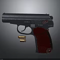 Detailed Pistol Displaying Red Grip 9MM Caliber Metallic Surface And Bullets