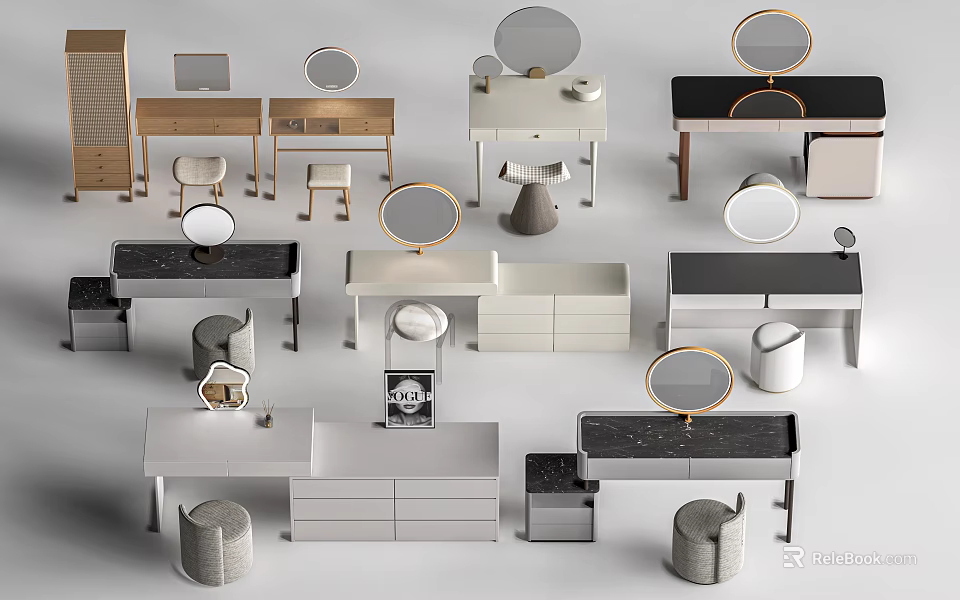 Modern Dressing Tables Design Collection With Round Mirrors Drawers And Stools 3d model