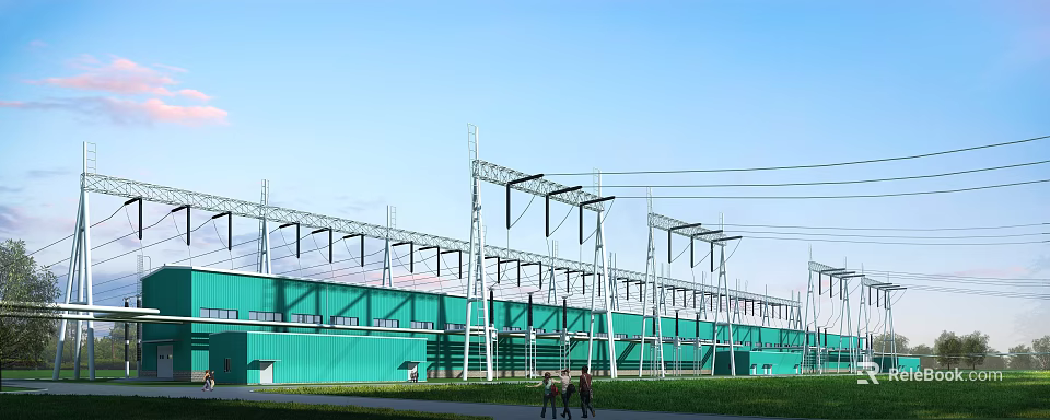 Green Industrial Factory Building With Metal Power Transmission Towers Under Blue Sky And Green Grassland 3d model 