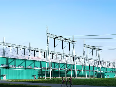 Green Industrial Factory Building With Metal Power Transmission Towers Under Blue Sky And Green Grassland 3d model