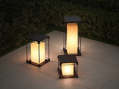 Outdoor Floor Lamps with Square Design Black Frames and Warm Light on Stone Patio 3d model