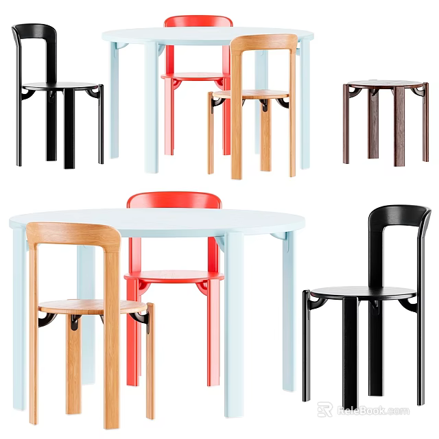 Modern Dining Table Set With Round Table And Multicolored Chairs In Various Colors 3d model