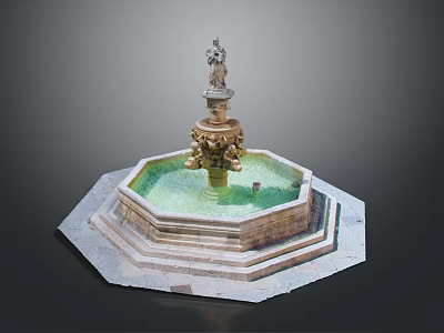 Elaborate Fountain Architecture With Octagonal Base Multi-tiered Steps Ornate Carvings And Statue 3d model