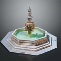 Elaborate Fountain Architecture With Octagonal Base Multi-tiered Steps Ornate Carvings And Statue