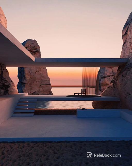 Breathtaking Coastal Landscape With Rocky Cliffs Infinity Pool And Sunset Over Ocean 3d model 