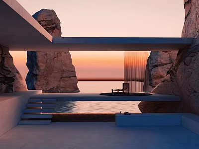 Breathtaking Coastal Landscape With Rocky Cliffs Infinity Pool And Sunset Over Ocean 3d model