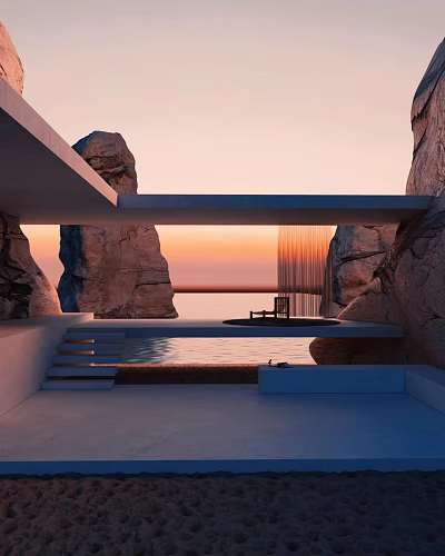 Breathtaking Coastal Landscape With Rocky Cliffs Infinity Pool And Sunset Over Ocean 3d model
