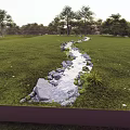 Scenic Microtopography Featuring Green Grass Trees Small Stream Stones And Distant Hills