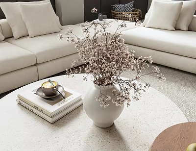 Stylish Floral Arrangement with Dried Flowers in White Vase on Modern Living Room Coffee Table 3d model