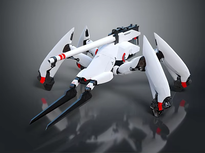 Futuristic White Mechanical Spider Design With Multiple Legs And Red Accents 3d model