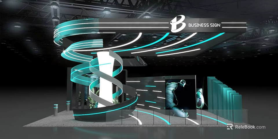 Futuristic Tech Exhibition Hall With Spiral Structure Blue LED Lighting And Interactive Displays 3d model 