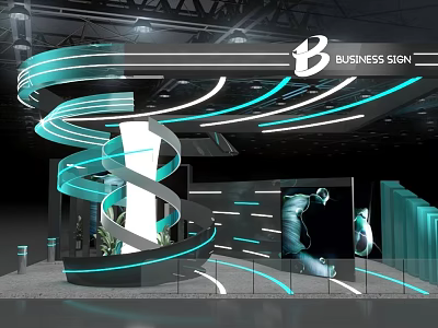 Futuristic Tech Exhibition Hall With Spiral Structure Blue LED Lighting And Interactive Displays 3d model