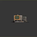 Vintage Computer Setup With Yellow Monitor Green Screen Keyboard And Peripherals