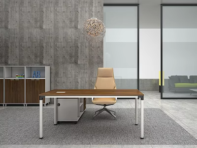 Modern Wooden Office Desk With Silver Legs Beige Chair Gray Wall And Woven Pendant Light 3d model
