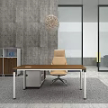 Modern Wooden Office Desk With Silver Legs Beige Chair Gray Wall And Woven Pendant Light