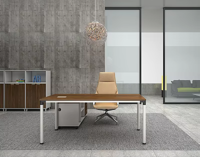 Modern Wooden Office Desk With Silver Legs Beige Chair Gray Wall And Woven Pendant Light 3d model