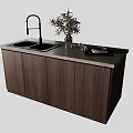Bar Counter Featuring Double Sink Black Faucet White Countertop Wooden Cabinets Potted Plant and Plate