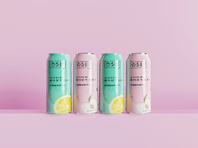 Four Refreshing Tea Beverage Cans With Green Pink Packaging And Lemon Peach Flavors 3d model