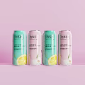 Four Refreshing Tea Beverage Cans With Green Pink Packaging And Lemon Peach Flavors