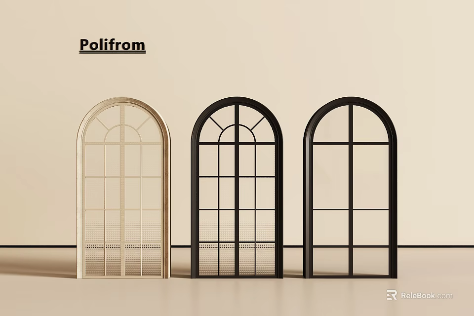 Poliform Arched Doors In Beige And Black With Various Window Pane Designs 3d model 