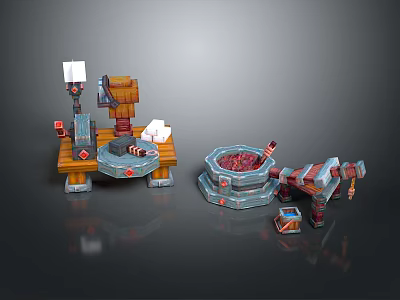 Wooden Workshop Table Featuring Metal Device Red Substance Container And Mechanical Arm Tools 3d model