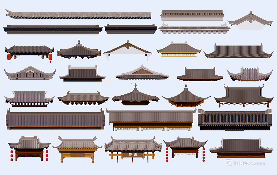 Traditional Chinese Architectural Components Featuring Various Roof Styles With Tiles And Eave Details 3d model 