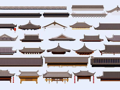 Traditional Chinese Architectural Components Featuring Various Roof Styles With Tiles And Eave Details 3d model
