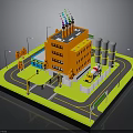 Industrial Site Model With Orange Building Chimneys Storage Tanks Truck Road And Street Lamps