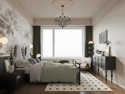 Elegant Bedroom Interior Design With Chandelier Landscape Wallpaper Green Curtains And Checkered Rug 3d model