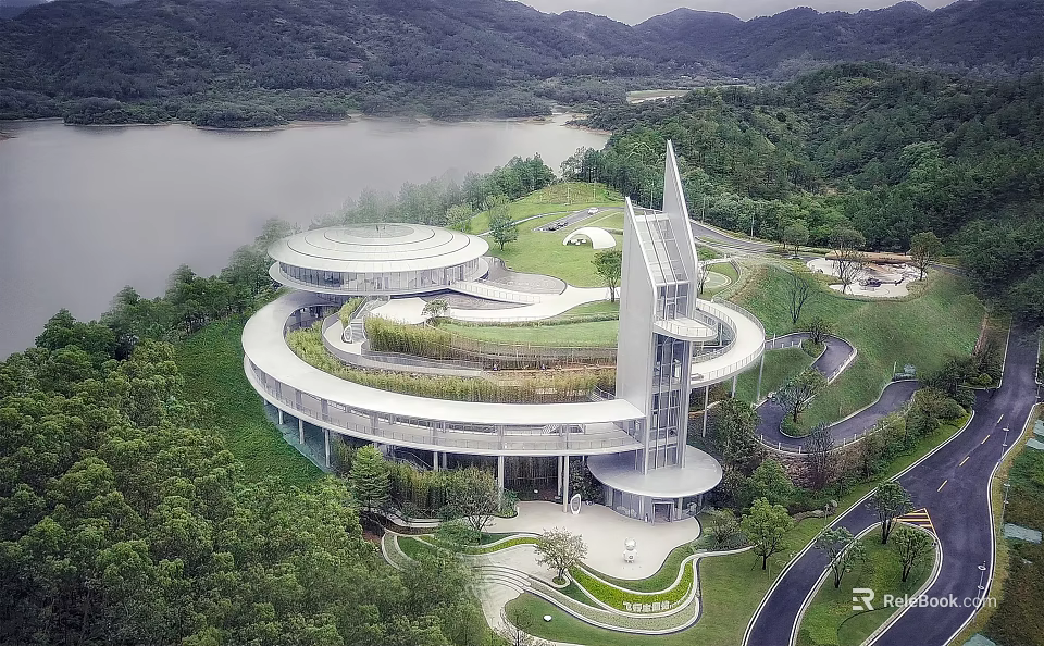 Modern Circular Cultural Center Building With Green Roof Surrounded by Lake and Mountains 3d model 