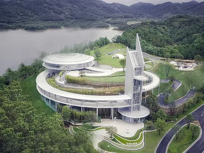 Modern Circular Cultural Center Building With Green Roof Surrounded by Lake and Mountains 3d model
