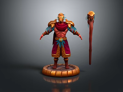 Mythical Character With Golden Armor Red Cape Blue Accents And Red Scepter With Golden Top 3d model