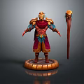 Mythical Character With Golden Armor Red Cape Blue Accents And Red Scepter With Golden Top