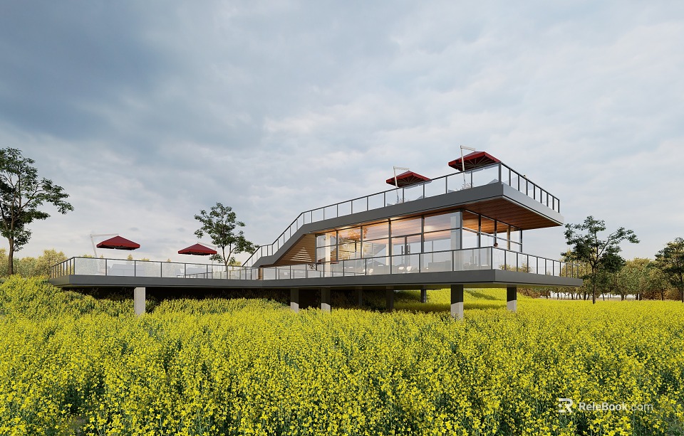 Modern Post Station in Yellow Flower Field with Open Terrace Red Umbrellas and Surrounding Trees 3d model 