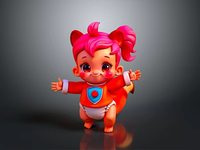 Cute 3D Squirrel Character With Pink Hair Ponytail Red Outfit Blue Emblem And Open Arms 3d model