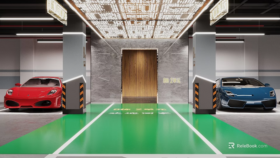 Modern Garage Interior With Green Floor Gray Pillars Ceiling Lighting And Luxury Sports Cars 3d model 