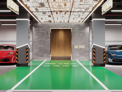 Modern Garage Interior With Green Floor Gray Pillars Ceiling Lighting And Luxury Sports Cars 3d model
