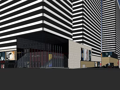 Modern Commercial Complex With Black White Striped Facade Glass Entrance And High Rise Urban Design 3d model