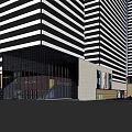 Modern Commercial Complex With Black White Striped Facade Glass Entrance And High Rise Urban Design