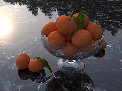 Fresh Oranges With Green Leaves In Glass Bowl On Dark Surface With Sunlight Reflections 3d model
