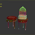 Antique Red Side Tables With Checkerboard Top Carved Details Gold Legs And Decorative Birdcage