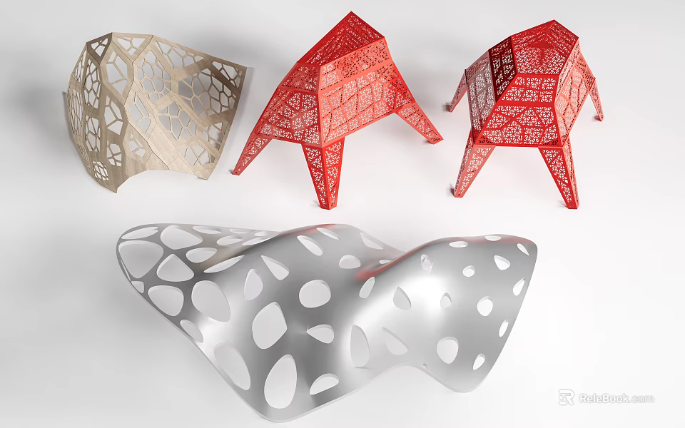 Modern Geometric Pergola Designs with Beige Red Colors and Intricate Cutout Patterns 3d model 