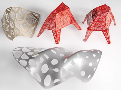 Modern Geometric Pergola Designs with Beige Red Colors and Intricate Cutout Patterns 3d model