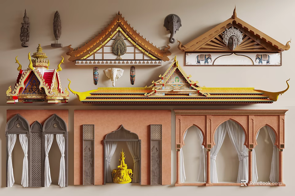 Traditional Architectural Components Featuring Ornate Roofs Carved Doorways And Decorative Elements 3d model 