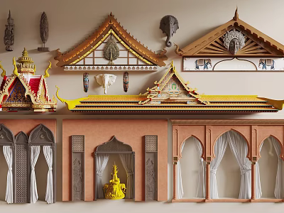 Traditional Architectural Components Featuring Ornate Roofs Carved Doorways And Decorative Elements 3d model