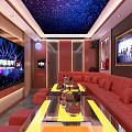 Modern KTV Interior With Starry Sky Ceiling Red Sofas And Large Screen