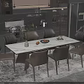 Elegant Modern Dining Table Set With Grey Chairs Marble Top And Decorative Fruits