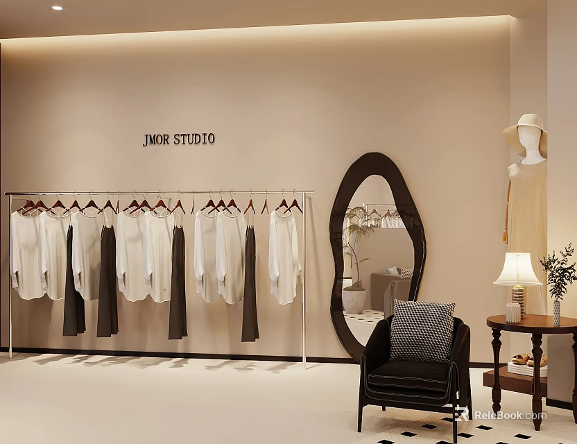 Modern Clothing Store Interior With Hanging White And Dark Clothes Oval Mirror And Black Chair 3d model 